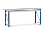 Bancada de trabalho Porteco 1600x800 mm com altura ajustável, estrutura metálica azul/cinza, tampo melamina, ambiente industrial. - Carril.pt