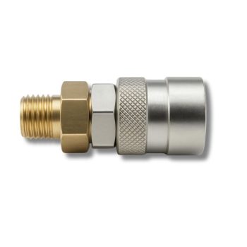 Acoplamento pneumático rápido modelo Export com rosca fêmea, ideal para sistemas de ar comprimido em ferramentas Campagnola.