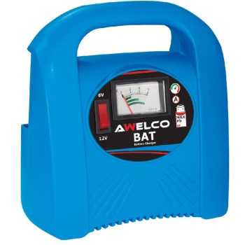 Carregador de baterias Awelco BAT 13, 6/12 V, compacto, com pinças de ligação e indicador analógico.