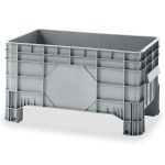 Palote plástico 220L em PEAD com 4 patas, fundo liso, empilhável, resistente a 1500 kg. Ideal para indústria alimentar, logística e farmacêutica. - Carril.pt